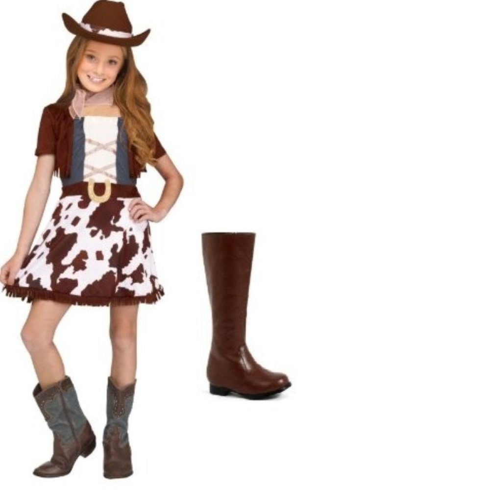 Cowgirl & Cowboy Boots Halloween Costume 4/6 Brown Dress, Hat, Scarf 4 Pc Girls